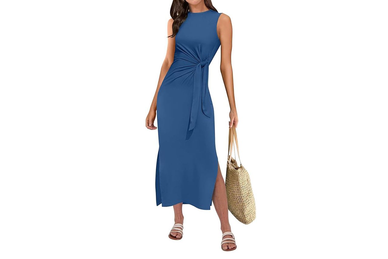 ANRABESS Womens Summer Casual Sleeveless T Shirt Midi Dress Slim Fit Tie Waist Split Tank Long Dresses 2026 Vacation Sundress Credit: Amazon
