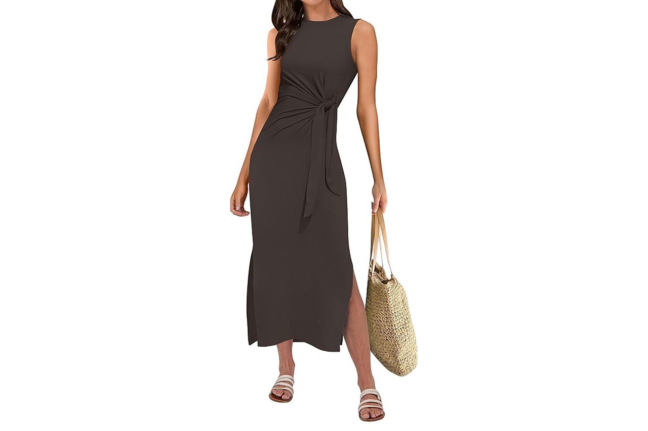 ANRABESS Womens Summer Casual Sleeveless T Shirt Midi Dress Slim Fit Tie Waist Split Tank Long Dresses 2026 Vacation Sundress Credit: Amazon