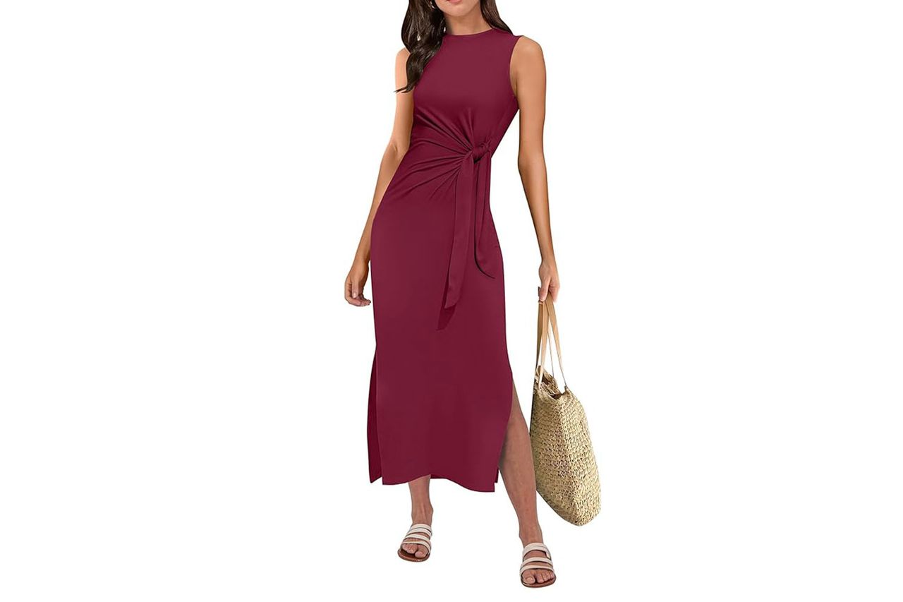 ANRABESS Womens Summer Casual Sleeveless T Shirt Midi Dress Slim Fit Tie Waist Split Tank Long Dresses 2026 Vacation Sundress Credit: Amazon