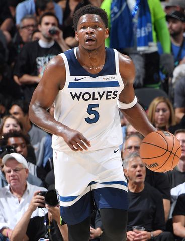 Anthony Edwards #5 of the Minnesota Timberwolves dribbles the ball during the game against the San Antonio Spurs during Round Two Game Five of the 2026 NBA Playoffs on May 12, 2026 at the Frost Bank Center in San Antonio, Texas. Anthony Edwards in May 2026Credit: Michael Gonzales/NBAE via Getty