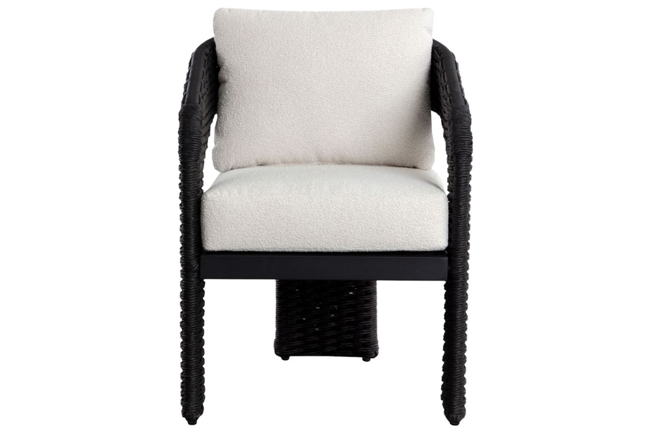 Arden Rattan Outdoor Dining Armchair with Cushion - Cream, Black Finish Credit: Pottery Barn