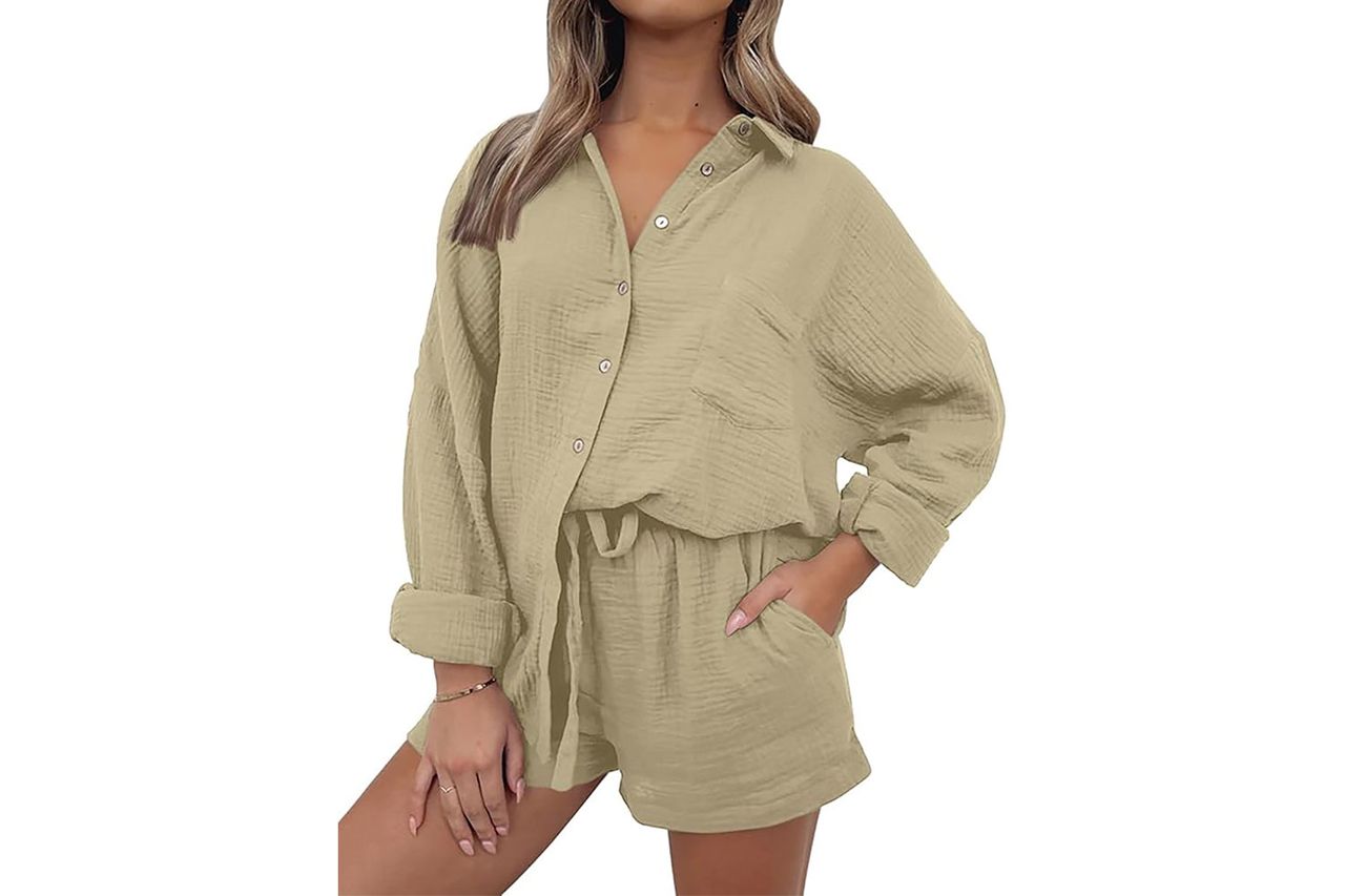 AUTOMET 2 Piece Sets For Women Lounge Wear Matching Two Piece Pajama Fashion Oversized Shirts And Shorts Spring Outfit 2026 Credit: Amazon