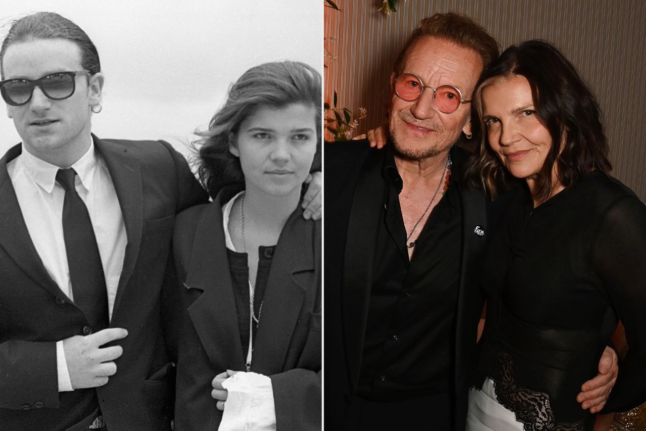 Bono and Ali Hewson, circa 1987; Bono and Ali Hewson on May 30, 2025.Credit: Independent News and Media/Getty; Dave Benett/Getty