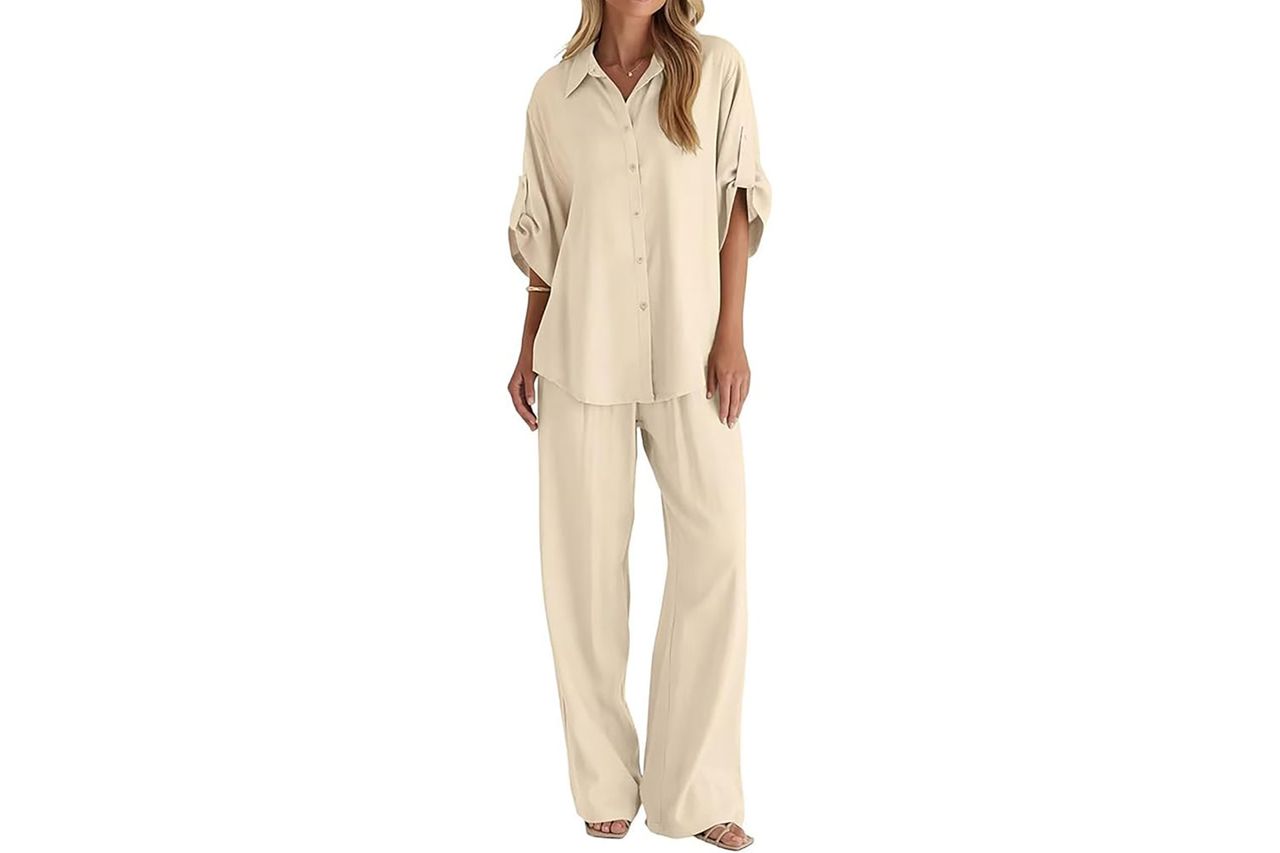 BWQ Womens linen 2 Piece Outfits Long Sleeve Button Down Shirt Wide Leg Pants Lounge Set S-2xl Credit: Amazon