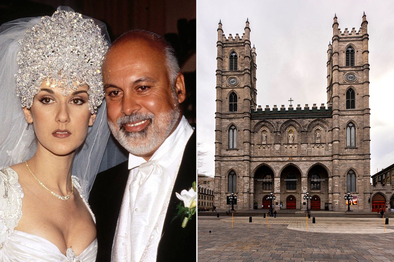 Céline Dion and René Angélil on their wedding day on December, 17, 1994 in Montreal, Canada; Notre Dame basilica in Montreal, Canada.Credit: Michel PONOMAREFF/PONOPRESSE/Gamma-Rapho via Getty; Lorenzo Mattei/REDA/Universal Images Group via Getty
