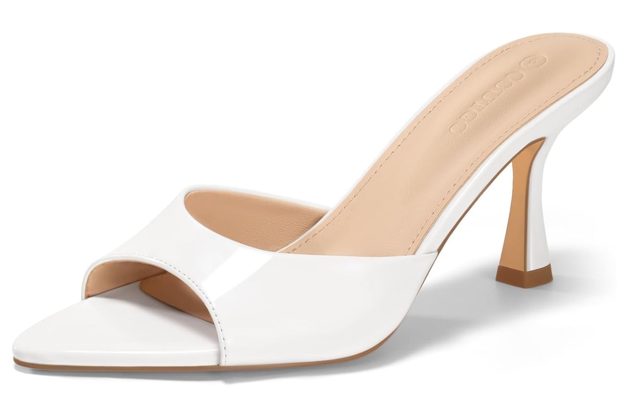Coutgo Womens Heeled Mules Pointed Peep Toe High Heels Slip On Backless Mule Sandals Dress Shoes Credit: Amazon