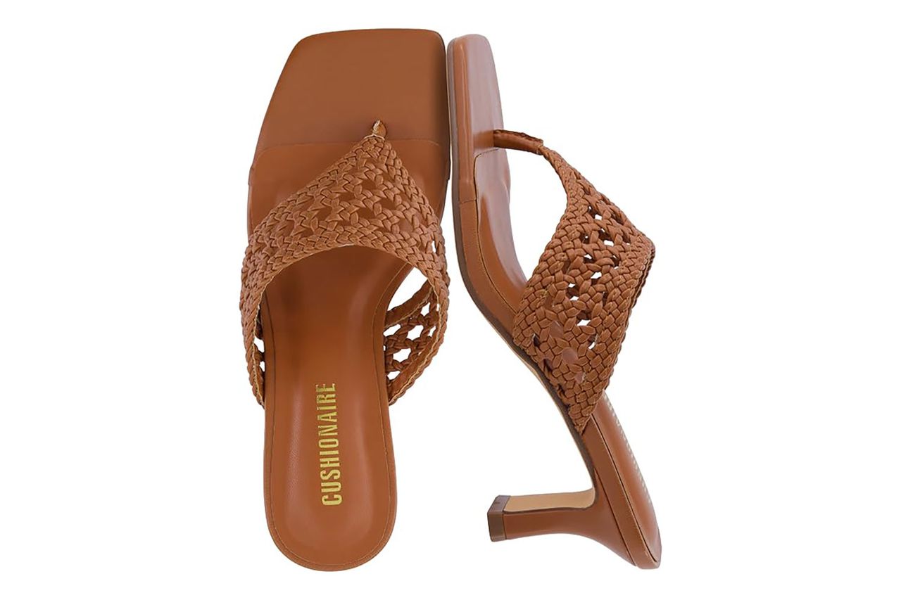 CUSHIONAIRE Spryte Flared Kitten Heels for Women, Square Toe Thong Heeled Sandals with Woven Braided Strap Credit: Amazon