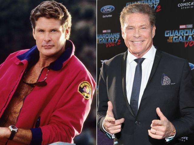 david-hasselhoff David Hasselhoff as Mitch Buchannon on ‘Baywatch’; David Hasselhoff at the world premiere of ‘Guardians of the Galaxy Vol. 2’ at Dolby Theatre in Hollywood, Calif., on April 19, 2017Credit: Baywatch Co/REX/Shutterstock; Rich Polk/Getty Images for Disney