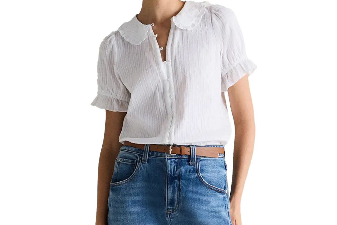 Embroidered Cotton Ruffle Collar Short Sleeve Blouse Credit: Quince