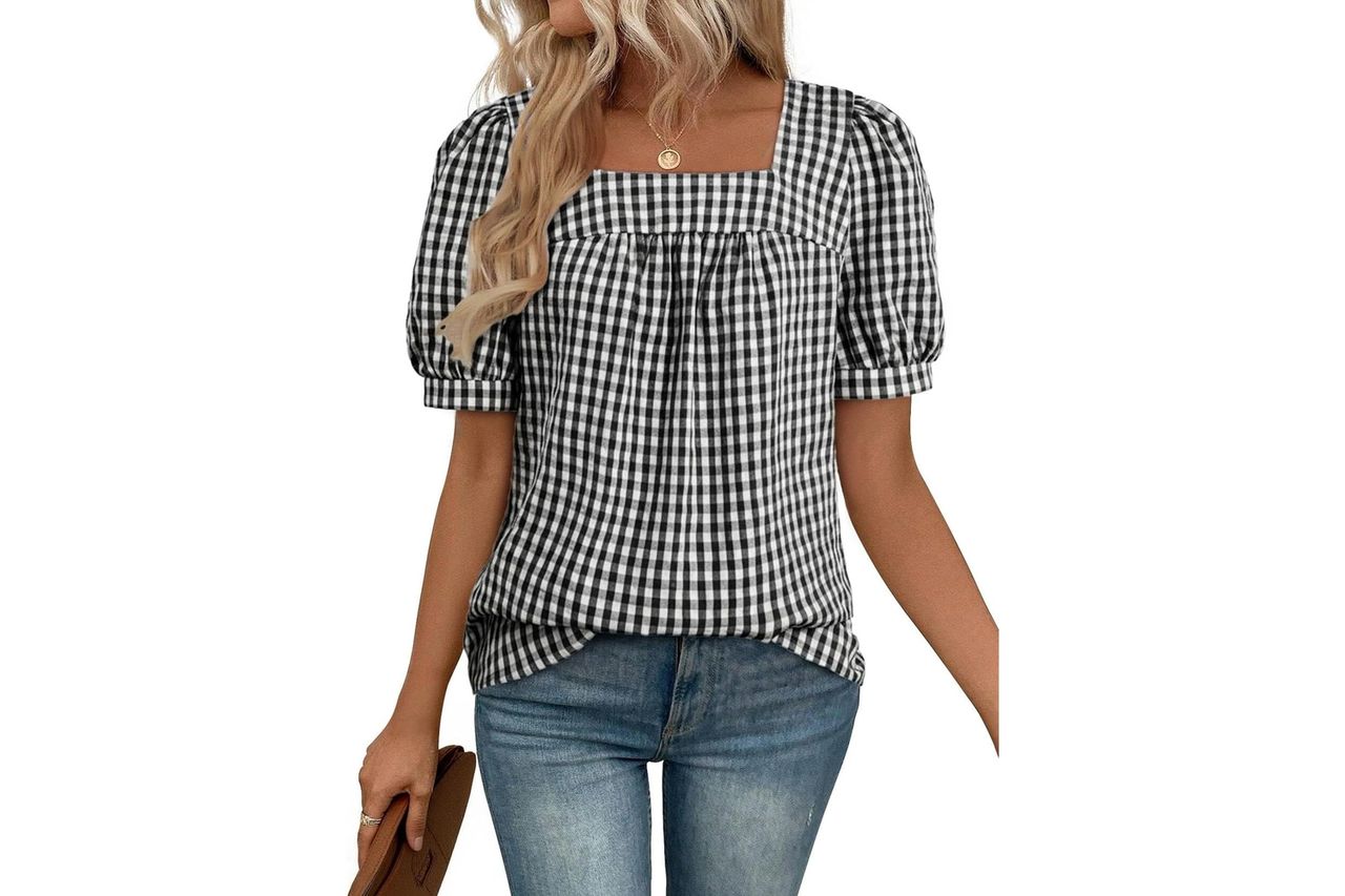 EVALESS Tops for Women Short Sleeve Tunic Blouse Square Neck Gingham Tops Cotton Blend Plaid Shirt Cute Checkered Shirt Credit: Amazon