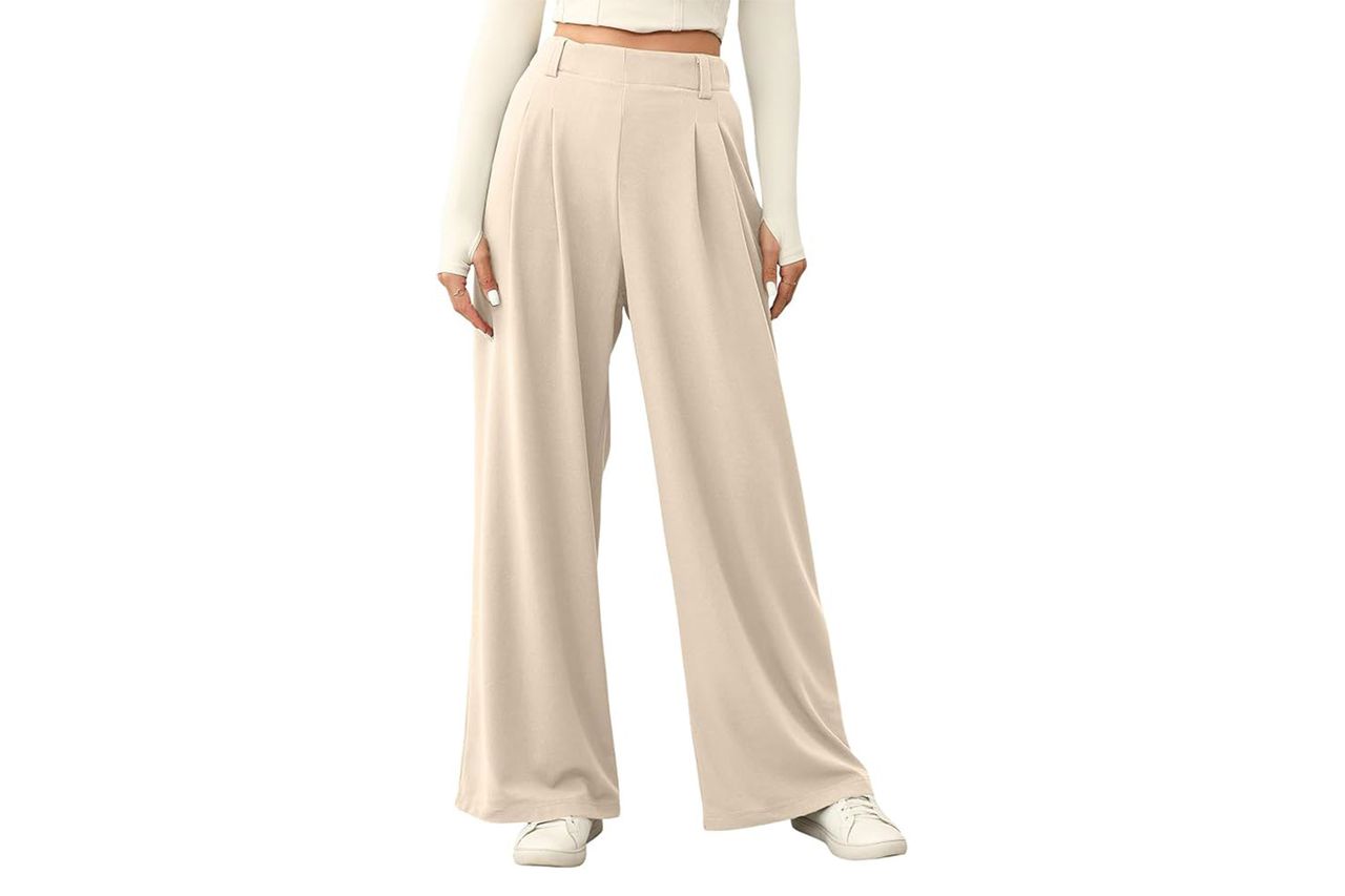 EVALESS Women's Wide Leg Pants Elastic High Waisted Waffle Knit Work Palazzo Pants Business Casual Trousers with Pockets Credit: Amazon