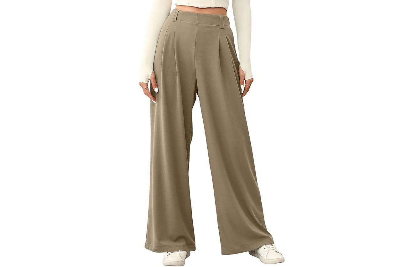 EVALESS Women's Wide Leg Pants Elastic High Waisted Waffle Knit Work Palazzo Pants Business Casual Trousers with Pockets Credit: Amazon