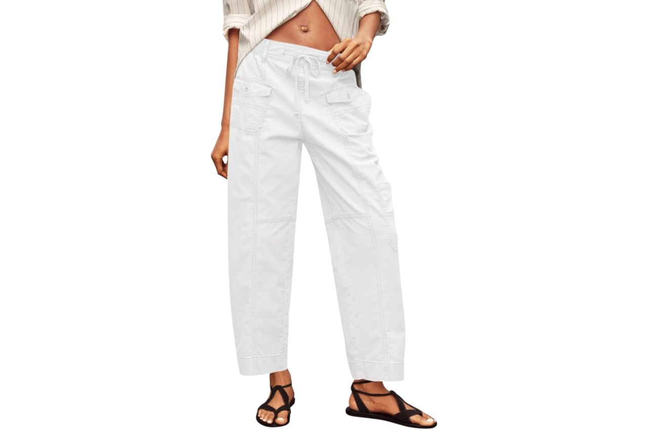 Fisoew Womens 100% Cotton Cargo Pants Drawstring Elastic Waist Casual Hiking Work Pants with Multiple Pockets Credit: Amazon