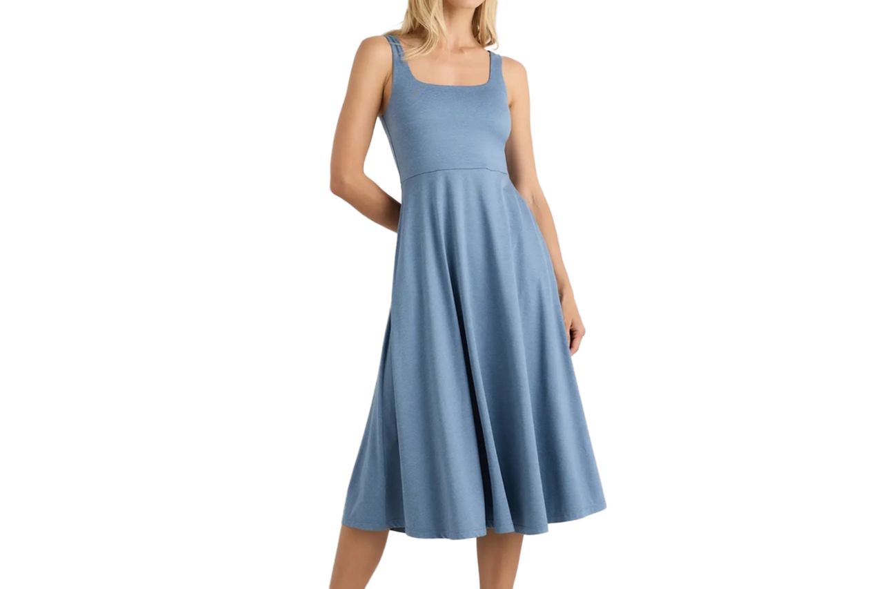 Flowknit Breeze Fit & Flare Dress in Heather Dewstone Blue Credit: Quince