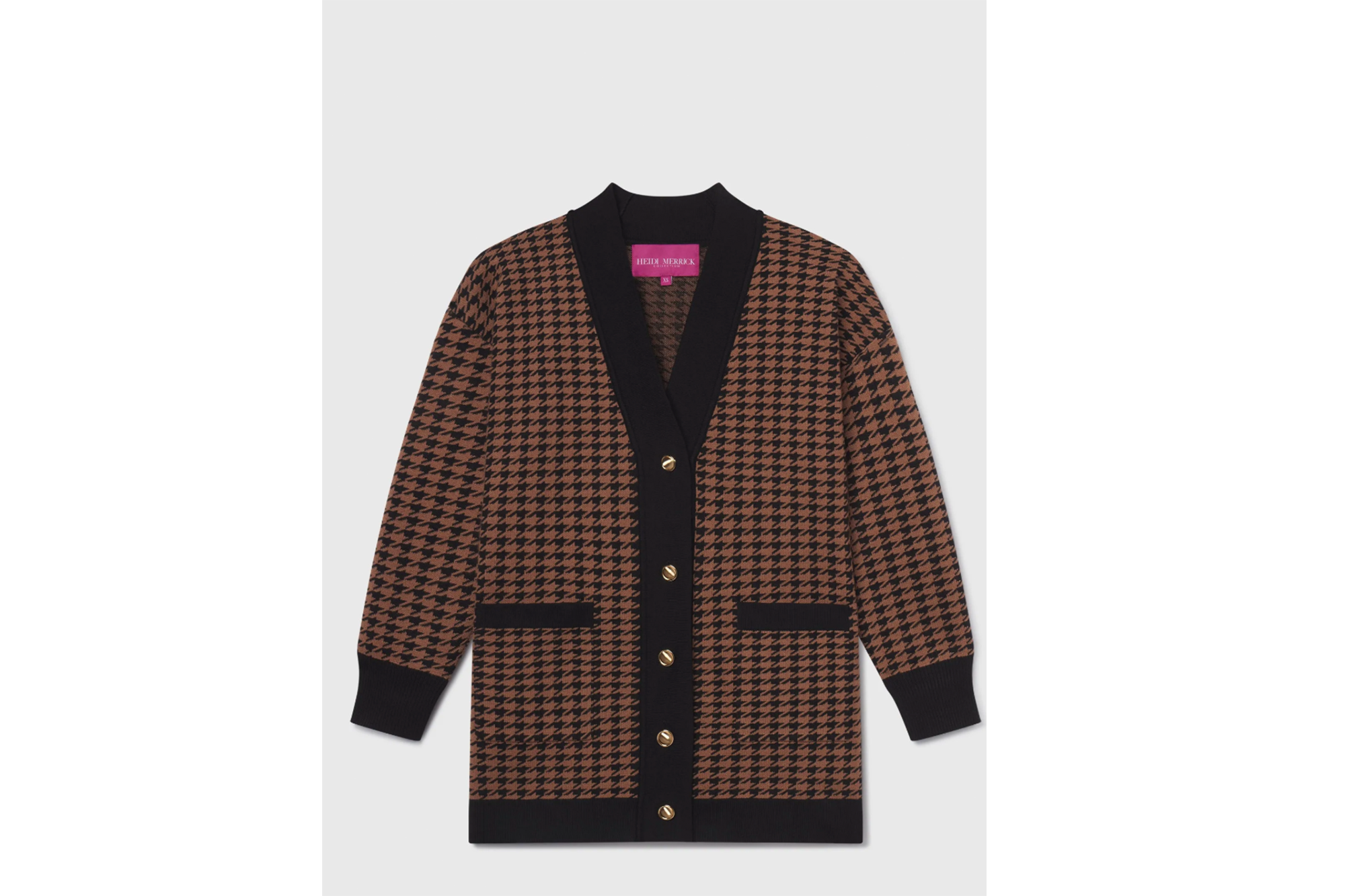 Brown and black houndstooth cardigan with gold buttons.