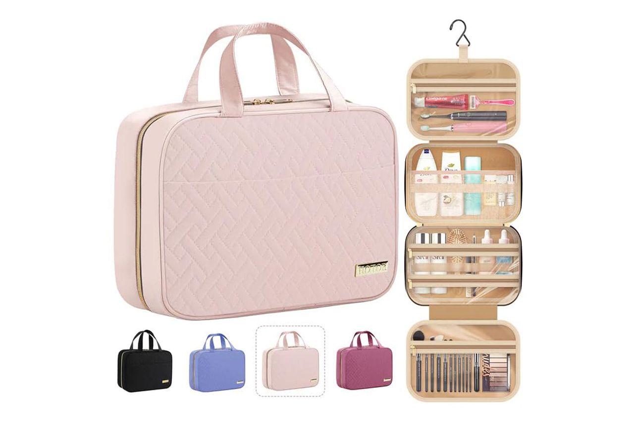 HOTOR Travel Toiletry Bag - Toiletry Bag w/Hanging Hook - Spacious Toiletry Bag for Women & Men, Makeup Bag/Big Comparment, Waterproof for Travel Accessories, Travel Essentials, Medium, Pink Credit: Amazon