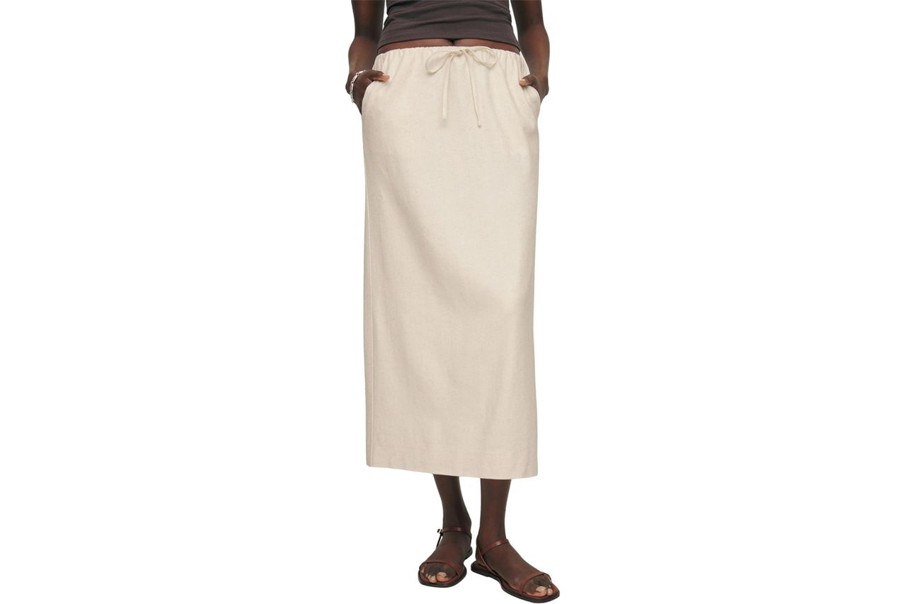 Idealsanxun Womens Linen Skirts Trendy Elastic Waist Drawstring Long Skirts With Slit Credit: Amazon