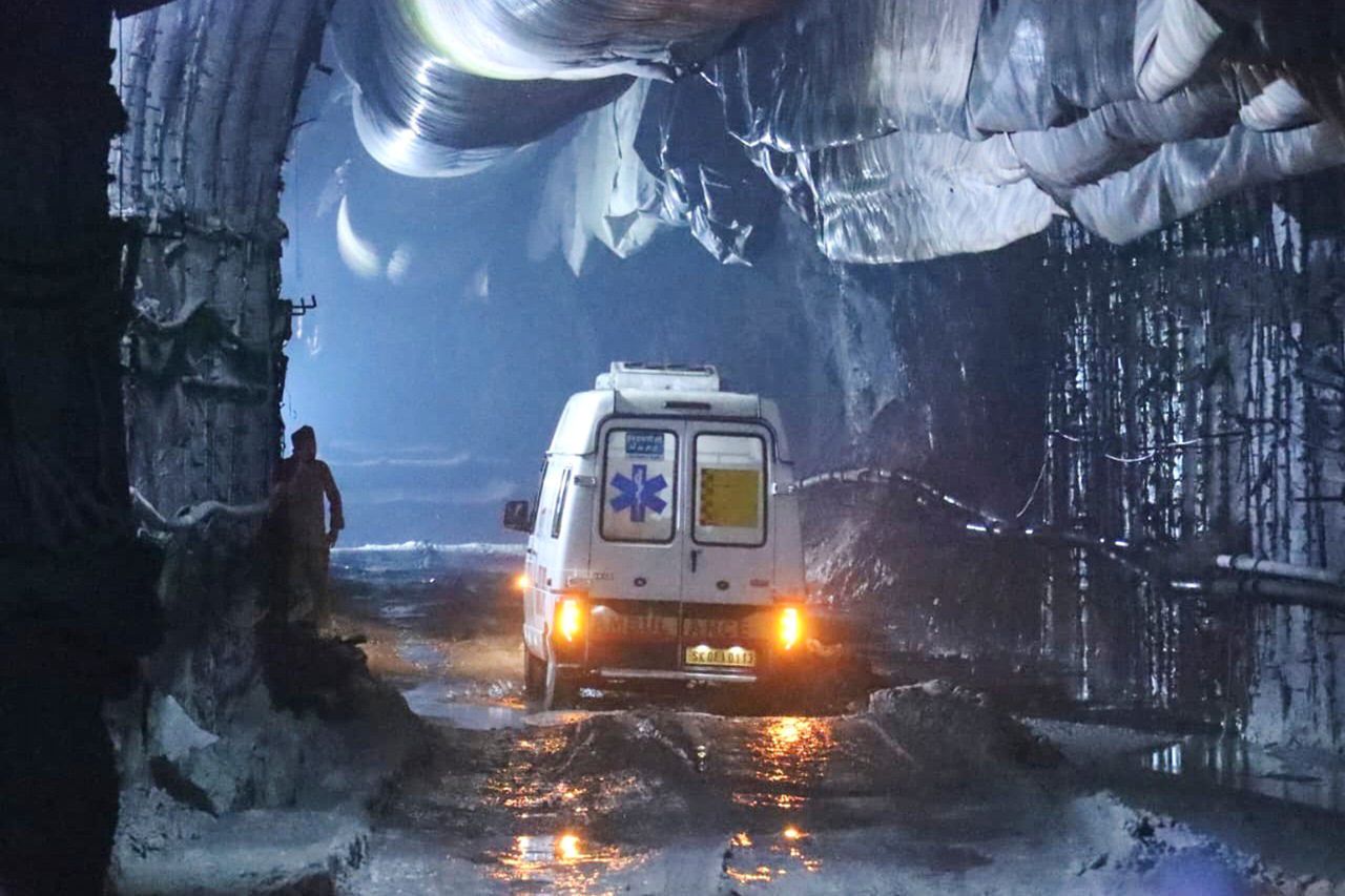 In this image provided by the Information and Public Relations Department, Government of Sikkim, an ambulance moves through an under-construction tunnel at a hydropower project in Samardung village, about 40 kms. (25 miles) from Gangtok, India, late Monday, July 20, 2026 An ambulance moves through the under-construction tunnelCredit: Government of Sikkim via AP