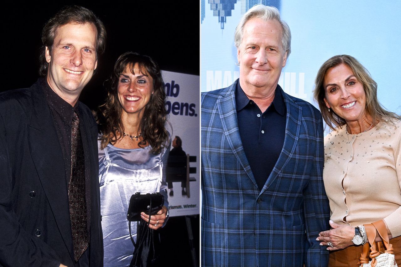 Jeff Daniels and Kathleen Treado on December 6, 1994 in Hollywood, California; Jeff Daniels and Kathleen Rosemary Treado on April 24, 2024 in Los Angeles, California.Credit: Ron Galella/Ron Galella Collection via Getty; Gilbert Flores/Variety via Getty