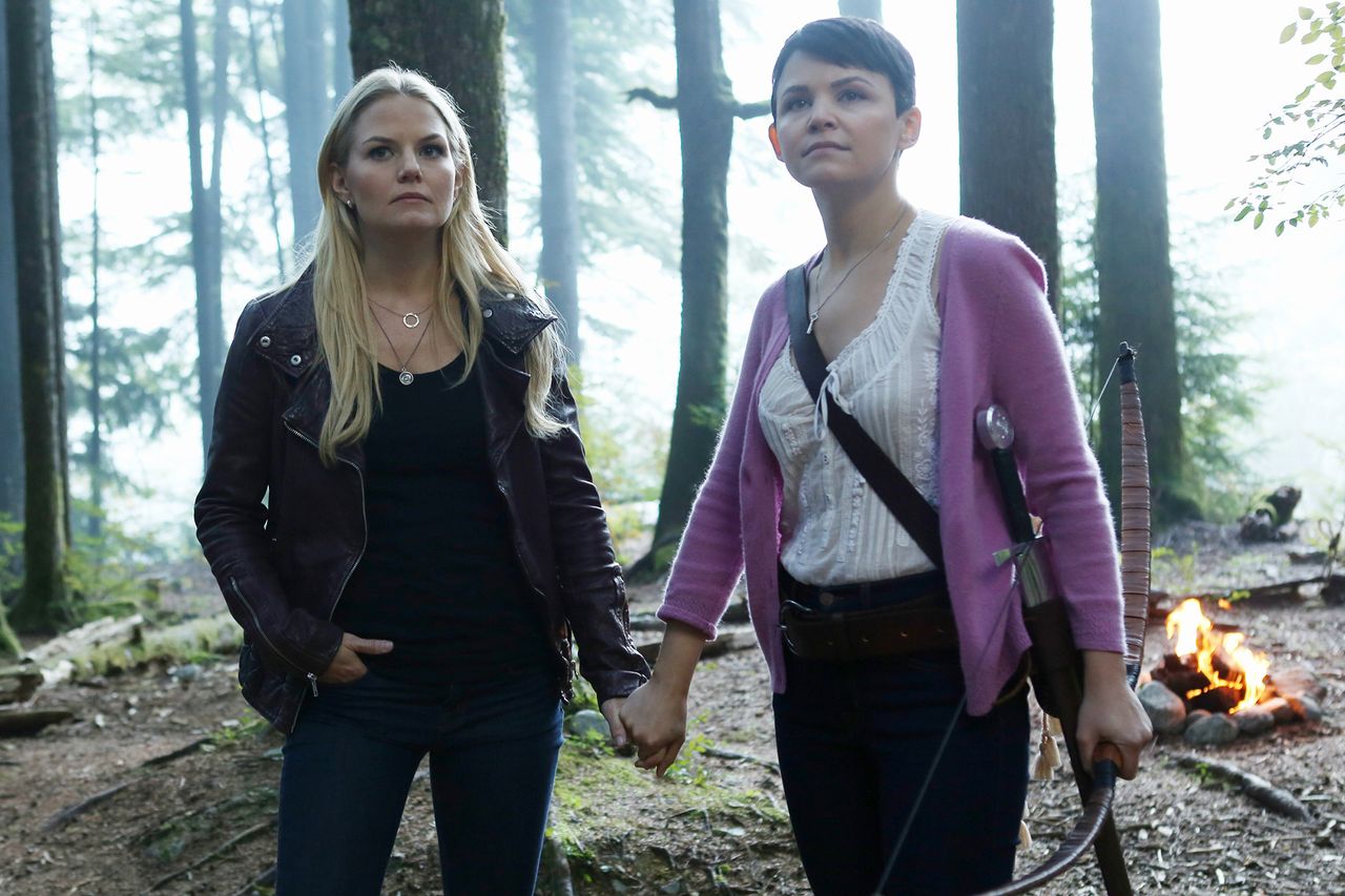 Jennifer Morrison and Ginnifer Goodwin standing in a forest holding hands and looking ahead with determination Jennifer Morrison and Ginnifer Goodwin in ‘Once Upon a Time.’Credit: Everett