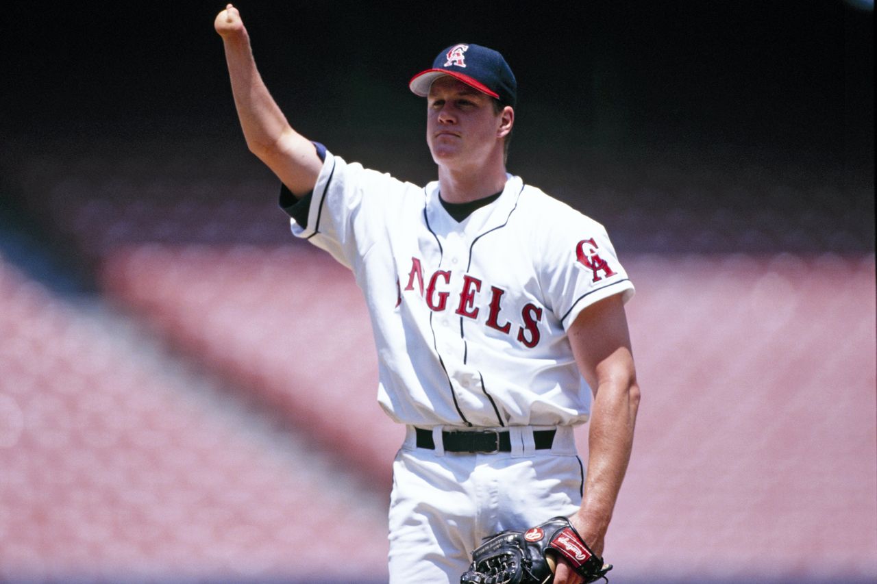 Jim Abbott of the California Angels stands on the mound during the game against the Baltimore Orioles at Anaheim Stadium on June 2, 1996 in Anaheim, California. Jim Abbott pitching for the California Angels in 1996Credit: Jed Jacobsohn/Getty