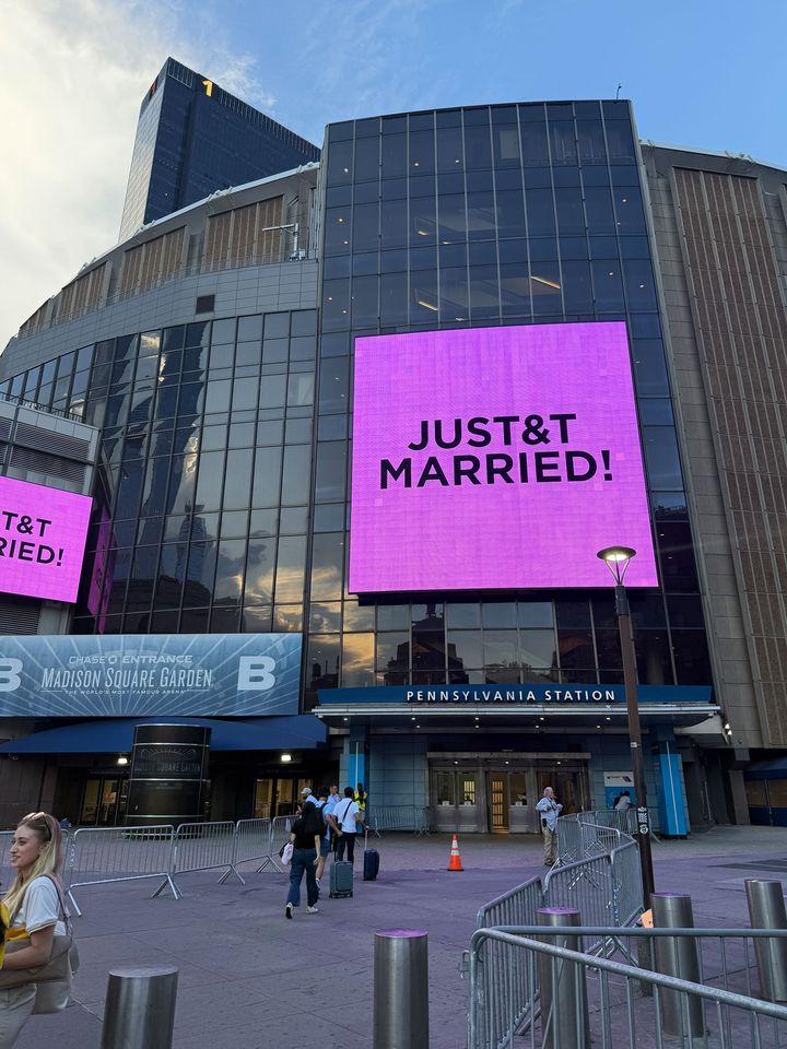 taylor swift travis kelce just married Screen outside Madison Square Garden following Taylor Swift and Travis Kelce's wedding in Madison Square Garden in N.Y.C.
