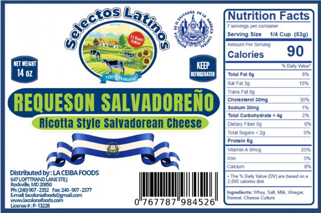 Cheese Recalled over Potential Listeria Contamination in Links to Multistate Outbreak La Ceiba's Ricotta Style Salvadorean Cheese labelCredit: FDA