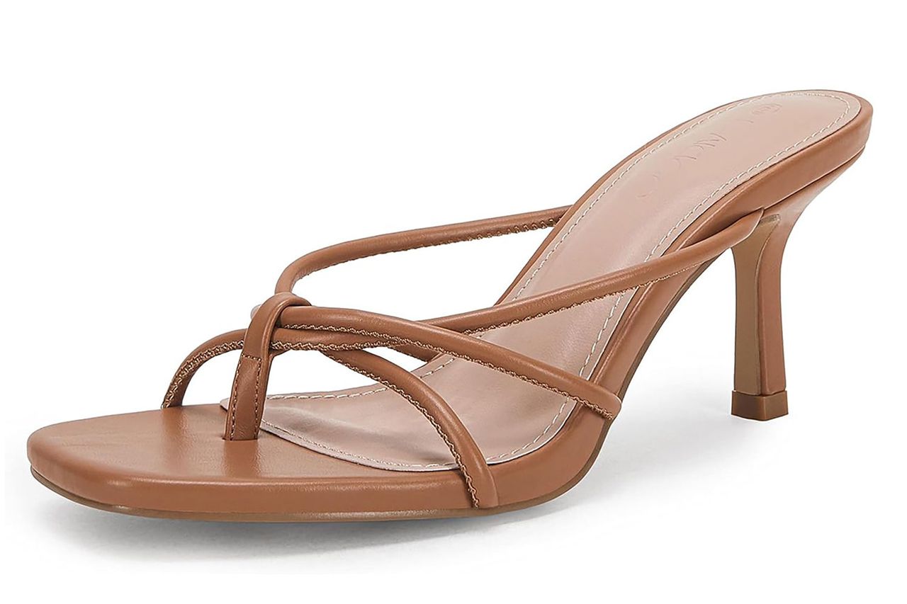LAICIGO Women’s Square Open Toe Flip Flops Stiletto Heels Strappy Thong Slide on Slingback Mules Sandals Credit: Amazon