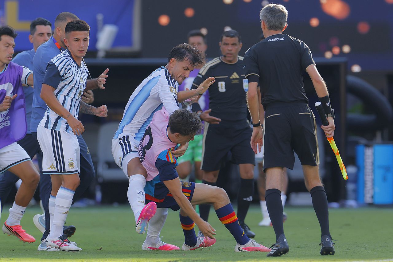 Aggression between Leandro Paredes (L) of Argentina and Gavi (R) of Spain during the FIFA World Cup 2026 Final match between Spain and Argentina at New York New Jersey Stadium Aggression between Leandro Paredes (L) of Argentina and Gavi (R) of Spain during the 2026 World Cup final.Credit: Hugo Rivera/Jam Media/Getty