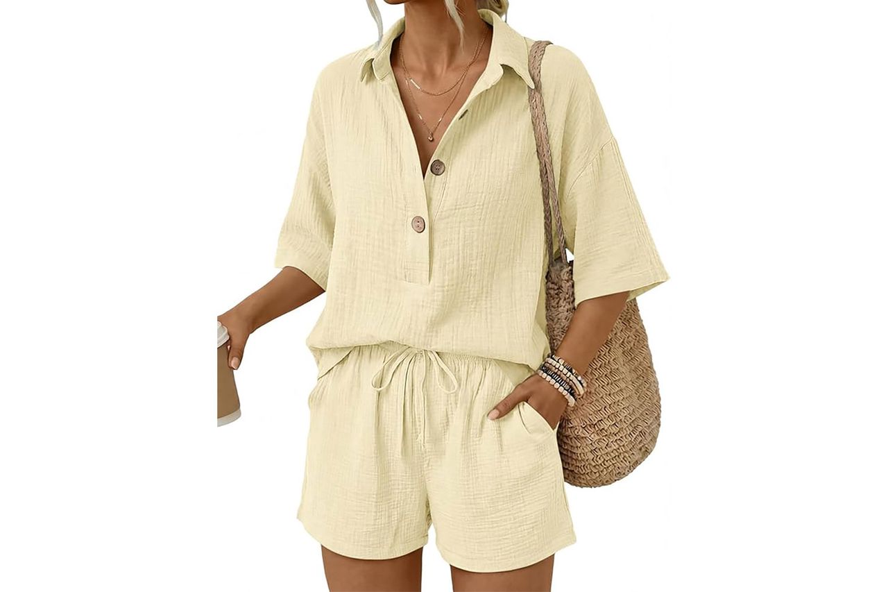 LILLUSORY Women 2 Piece Linen Short Sets 2026 Summer Vacation V Neck Short Sleeve Beach Outfits Oversized Button Cotton Pjs Credit: Amazon