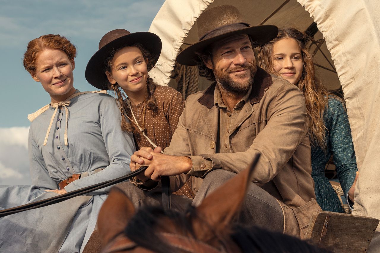 Crosby Fitzgerald as Caroline Ingalls, Alice Halsey as Laura Ingalls, Luke Bracey as Charles Ingalls, Skywalker Hughes as Mary Ingalls in episode 108 of Little House on the Prairie. Crosby Fitzgerald as Caroline Ingalls, Alice Halsey as Laura Ingalls, Luke Bracey as Charles Ingalls and Skywalker Hughes as Mary Ingalls in ‘Little House on the Prairie’.Credit: Eric Zachanowich/Netflix