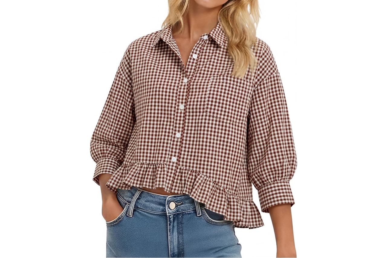 LOMON Womens 3/4 Sleeve Button Down Tops Dressy Casual Collared Shirts Blouses Ruffle Babydoll Tops Loose Fit Credit: Amazon
