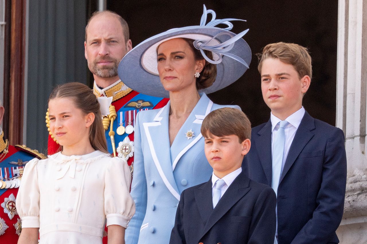 LONDON, ENGLAND - JUNE 13: Prince William, Prince of Wales and Catherine, Princess of Wales with Prince George of Wales, Princess Charlotte of Wales and Prince Louis of Wales during Trooping The Colour 2026 on June 13, 2026 in London, England. Trooping The Colour is a ceremonial parade celebrating the official birthday of the British Monarch. Prince William, Kate Middleton, Prince George, Princess Charlotte and Prince Louis at Trooping the Colour in June 2026Credit: Mark Cuthbert/UK Press/Getty