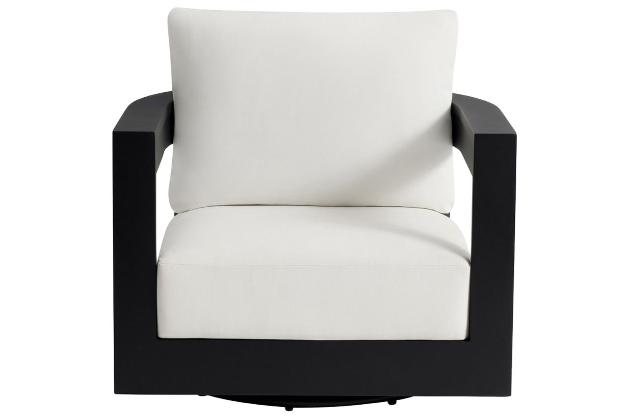 Malibu Metal Swivel Curved Outdoor Lounge Chair with Cushions - Natural, Black Credit: Pottery Barn