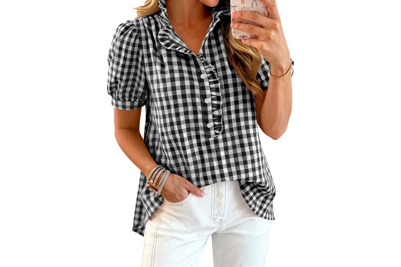 MASCOMODA Womens Puff Short Sleeve Summer Tops Striped Plaid Ruffle V Neck Button Down Shirts Business Casual Work Blouses Credit: Amazon