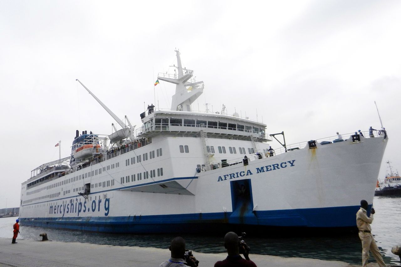A picture taken on August 10, 2013 shows the Mercy Africa hospital ship docked at the port in Pointe-Noire. A Mercy Ship.Credit: Laudes Martial Mbon/AFP via Getty
