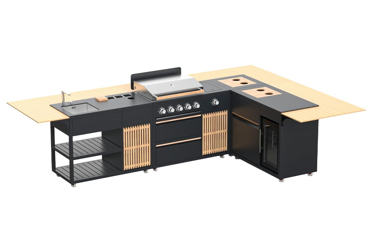Outdoor Kitchen Island with Natural Teak and Powder Coated Stainless Steel Cabinet, LP Grill, Sink, Fridge, Movable BBQ Station Set for Backyard, Patio, Garden, Deck, Terrace (Grey, 4 SET) Credit: Amazon