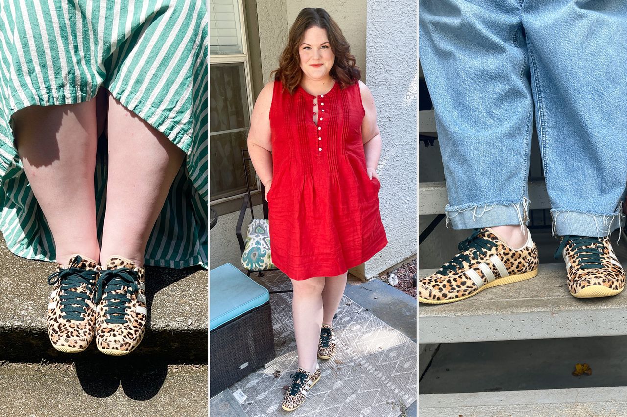 Three images of different individuals wearing leopardprint sneakers styled with various outfits Credit: People (3)