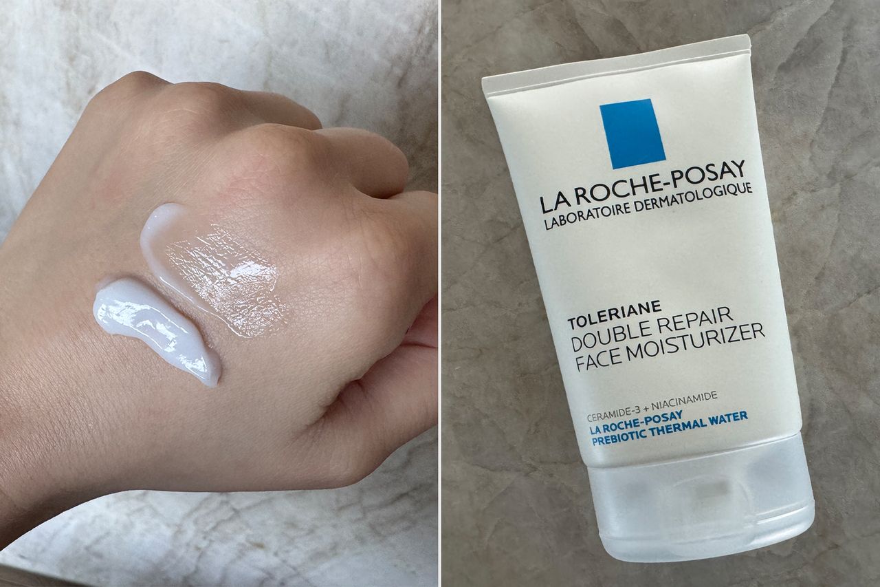 Hand with skin cream and La RochePosay repair face moisturizer bottle Credit: People (2)