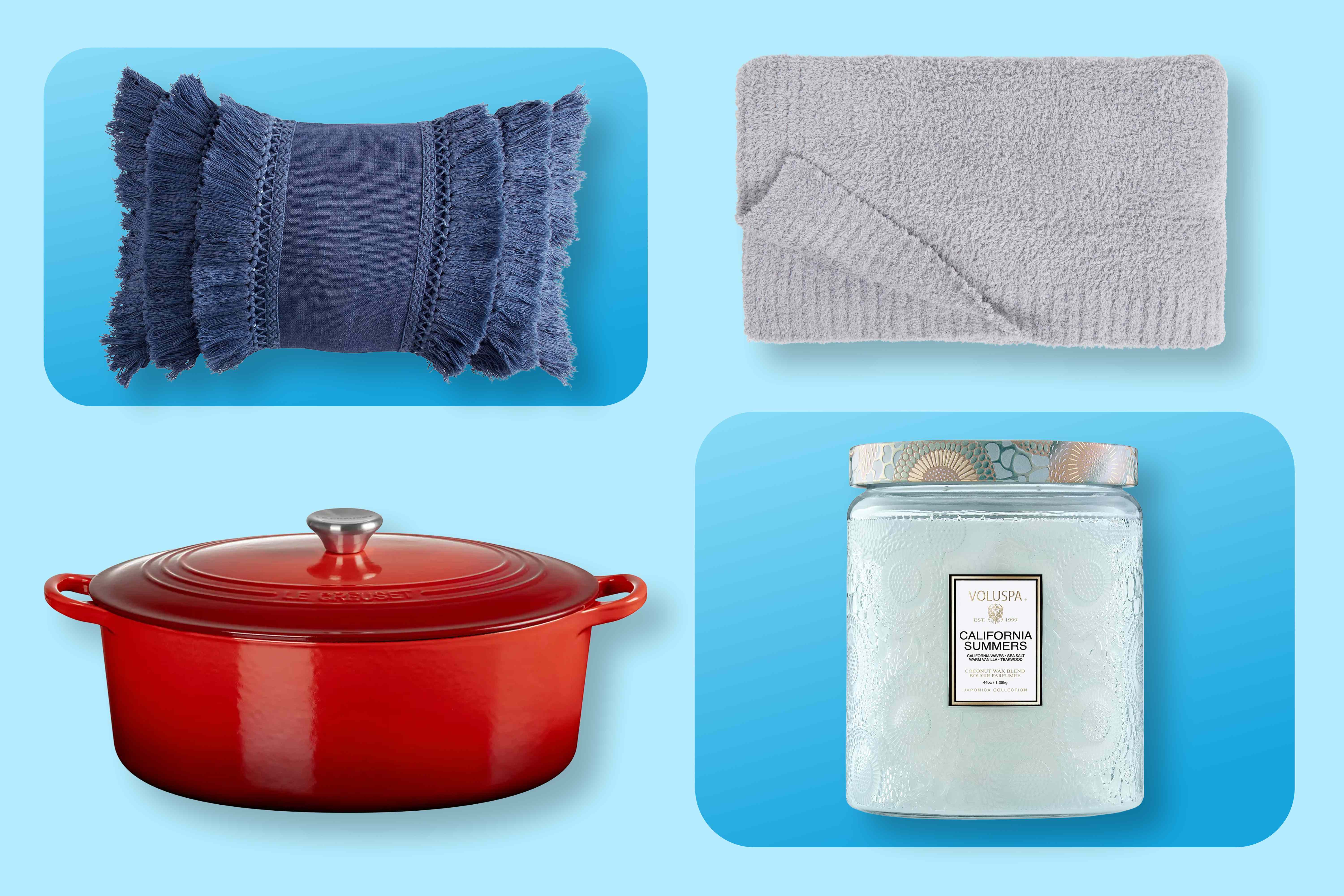 Four items a decorative pillow a folded towel a red cooking pot with lid and a scented candle jar Credit: Nordstrom (4)