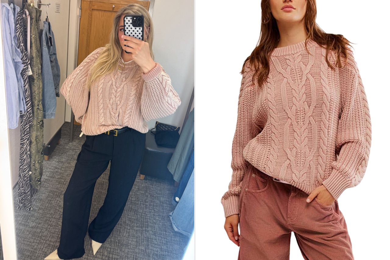A sidebyside comparison of two people wearing similar textured knit sweaters one in a dressing room and the other a catalog model Credit: People; Nordstrom