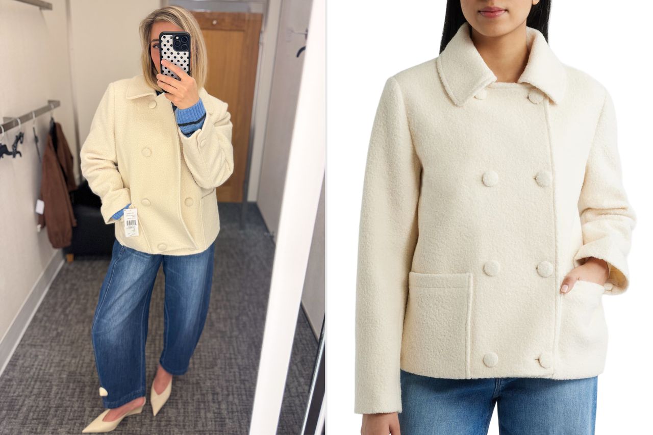 Sidebyside comparison of a person modeling a creamcolored coat and the coat displayed on a mannequin Credit: People; Nordstrom