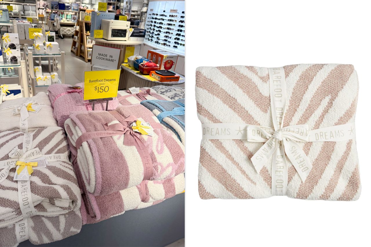 A store display and a closeup of folded towels with striped patterns Credit: People; Nordstrom