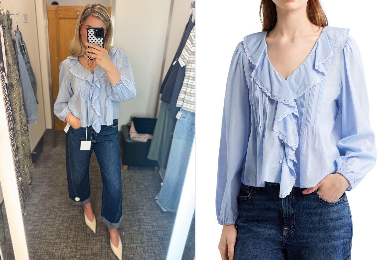Comparison of a person modeling a blouse on the left with the item shown in a product image on the right Credit: People; Nordstrom