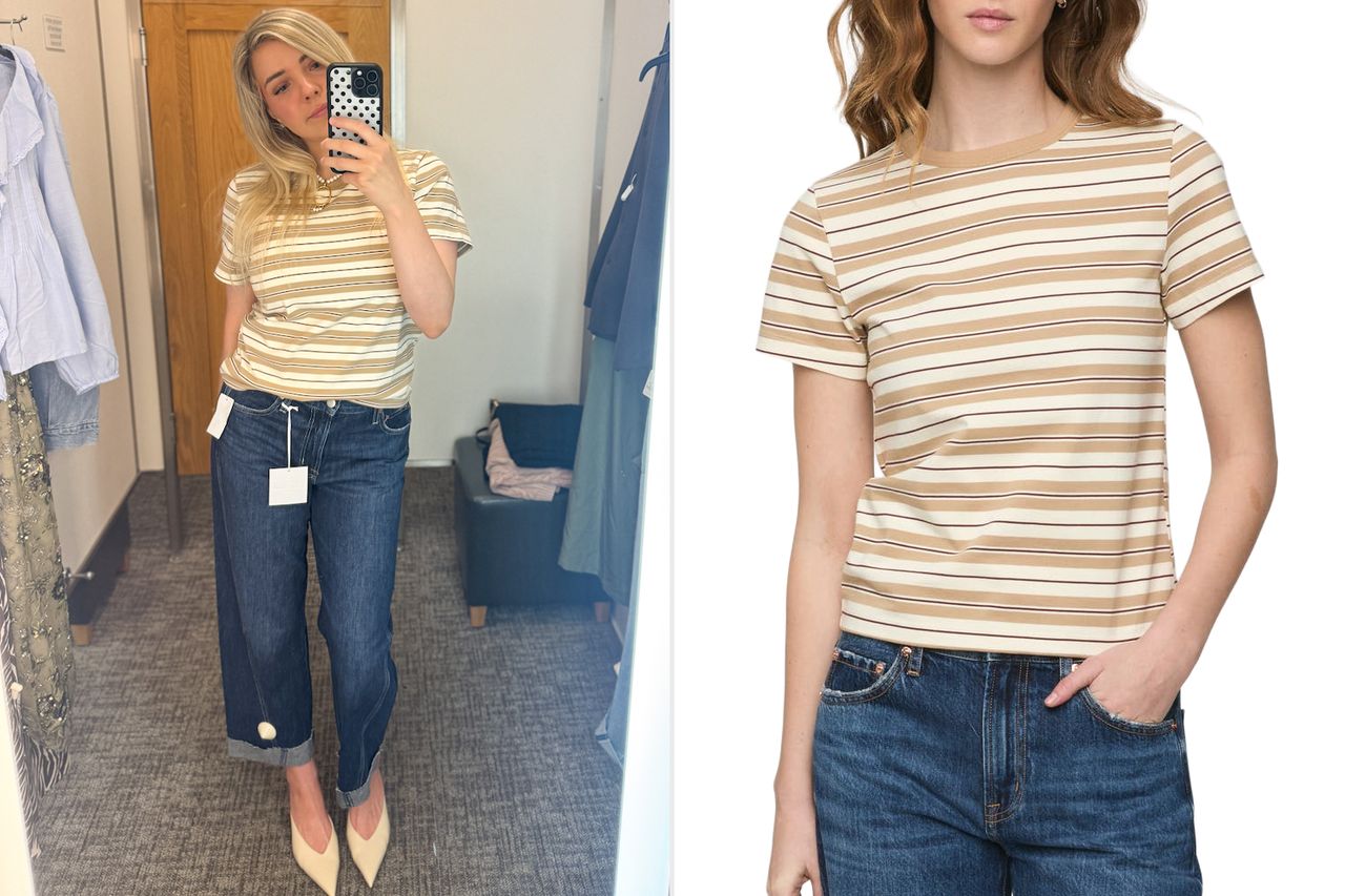 Two images side by side show a striped shirt and jeans worn by a person on the left and displayed on a mannequin on the right Credit: People; Nordstrom