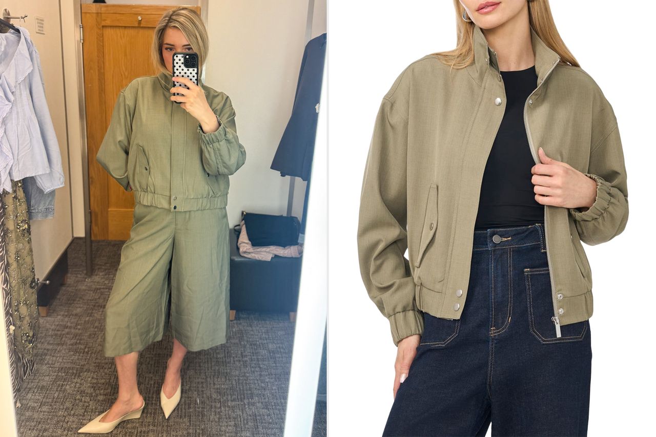Two outfits featuring a khaki jacket on the left a woman photographing herself wearing matching khaki culottes on the right paired with denim jeans Credit: People; Nordstrom