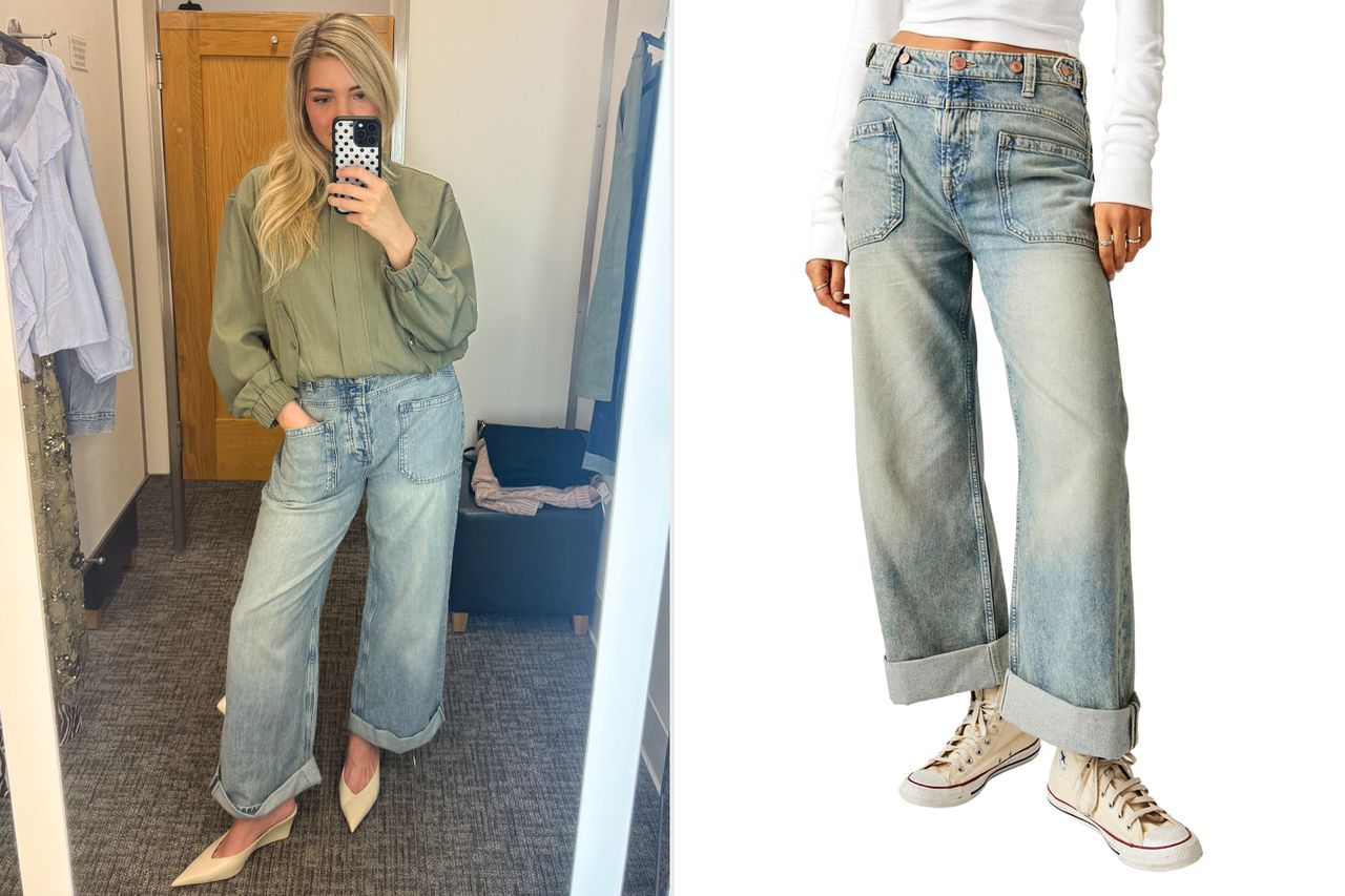 A comparison of wideleg jeans being modeled on a person and displayed as a standalone item Credit: People; Nordstrom