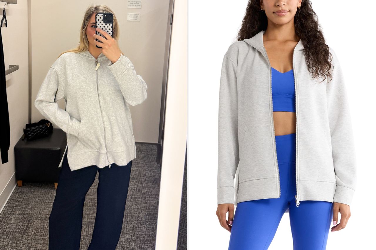 Two sidebyside images of women modeling zipup hoodies indoors Credit: People; Nordstrom