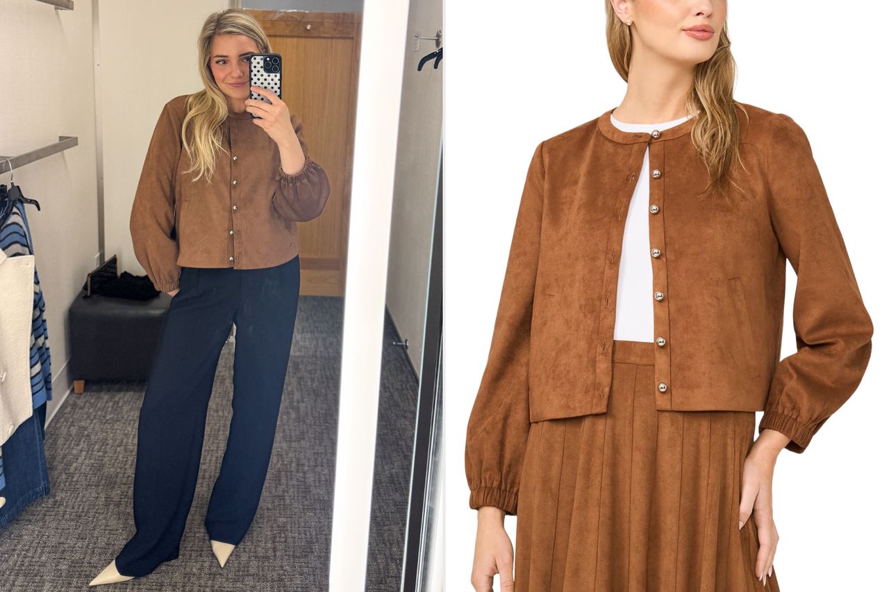 A woman taking a mirror selfie wearing a brown buttoned jacket and pants next to a catalog image of the same jacket modeled Credit: People; Nordstrom
