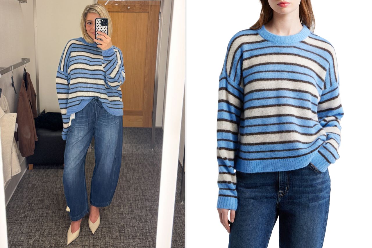 A sidebyside comparison of a person wearing a striped sweater and an image of the sweater displayed on its own Credit: People; Nordstrom
